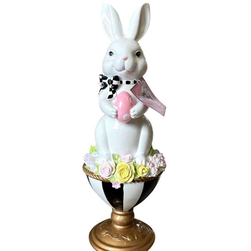 TOPHAT & TAIL Easter Bunny Rabbit On Flower Pedestal Egg 15" Mackenzie Style NEW